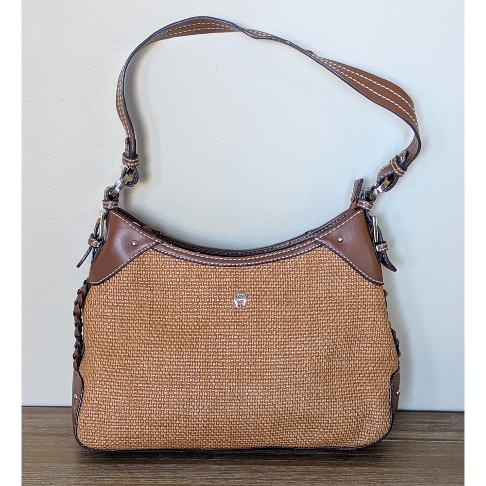 Etienne Aigner Tan Woven Handbag Purse Brown Leather Shoulder Strap Braid Detail